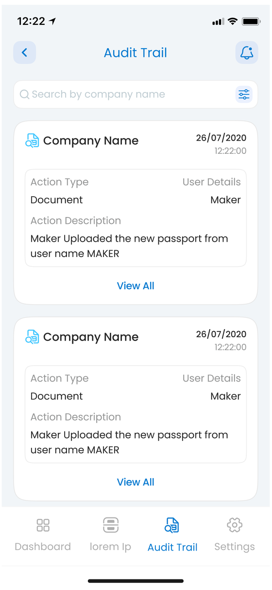 Oomero app: the audit trail, listing document uploads with the actor and the time.
