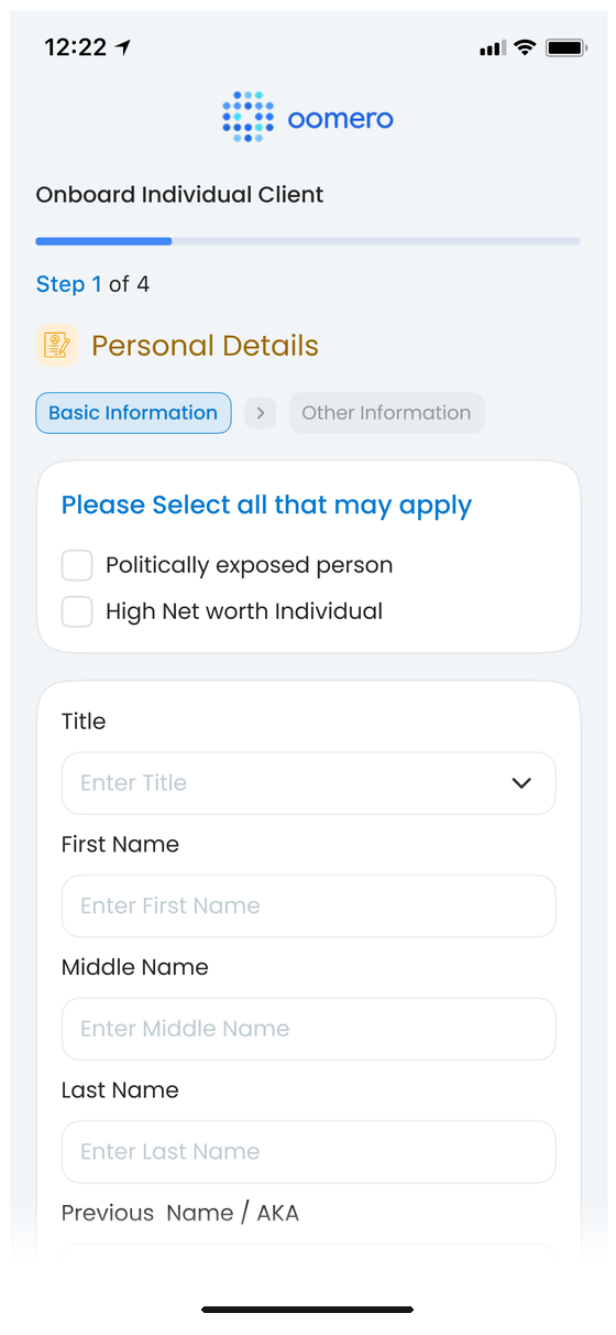 Oomero app, step 1 of 4: the personal details form of an individual onboarding.