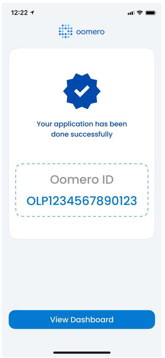 Oomero app: the application completed, showing the Oomero ID that was issued.