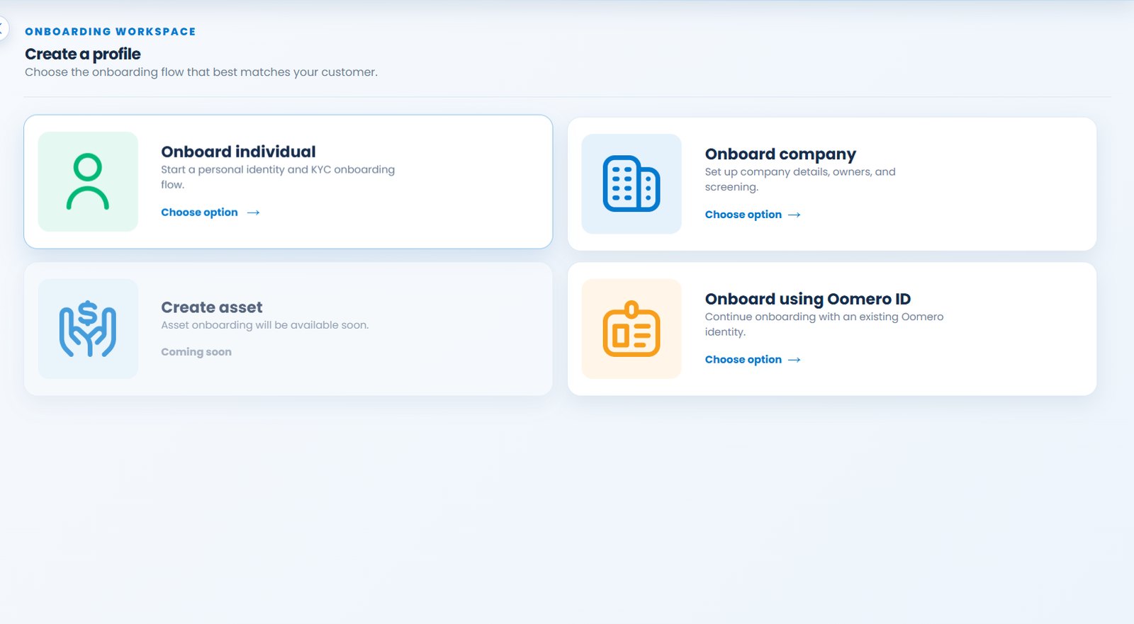 Create a profile: onboard an individual, onboard a company, or onboard using an existing Oomero ID.